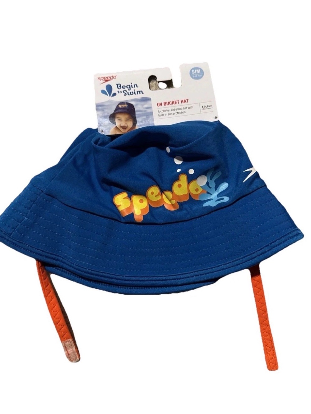Speedo Begin Swim UV50 Bucket Hat Infant S/M 6-12 Months Blue With Orange NWT